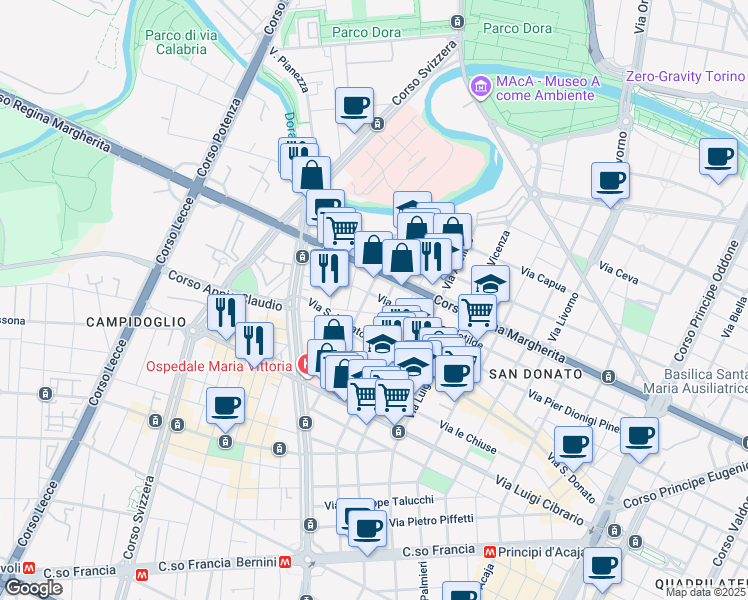 map of restaurants, bars, coffee shops, grocery stores, and more near 95 Via Principessa Clotilde in Turin