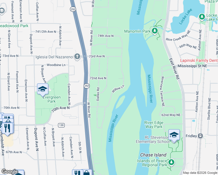 map of restaurants, bars, coffee shops, grocery stores, and more near 7105 Riverdale Road in Minneapolis