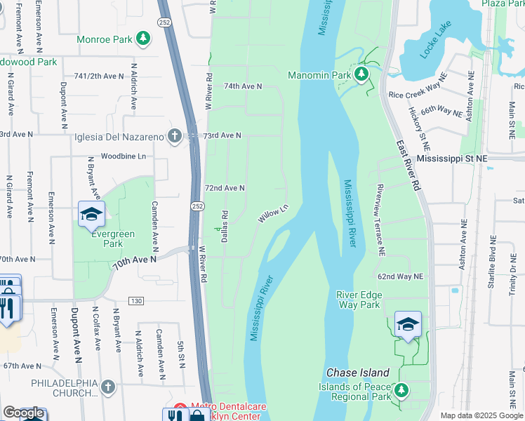 map of restaurants, bars, coffee shops, grocery stores, and more near 7105 Willow Lane in Brooklyn Center