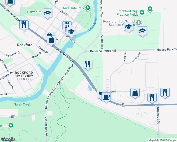 map of restaurants, bars, coffee shops, grocery stores, and more near 8060 Highway 55 in Rockford