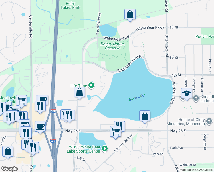 map of restaurants, bars, coffee shops, grocery stores, and more near 4732 Bouleau Road in White Bear Lake