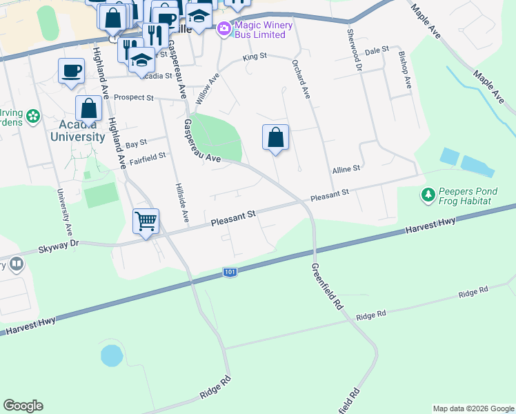 map of restaurants, bars, coffee shops, grocery stores, and more near 148 Pleasant Street in Wolfville