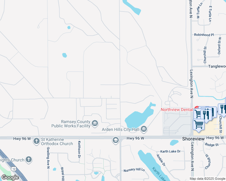 map of restaurants, bars, coffee shops, grocery stores, and more near 1536 Ben Franklin Street in Arden Hills