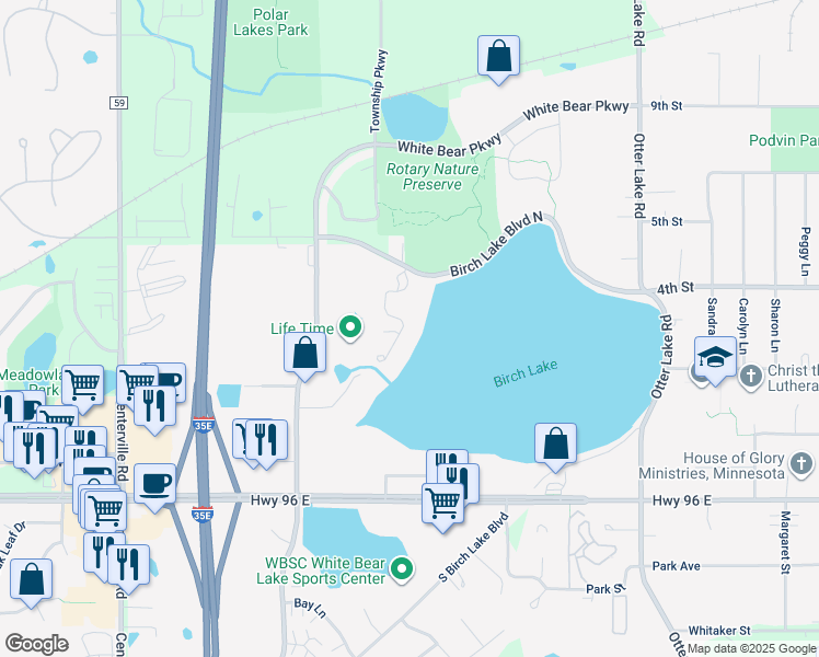 map of restaurants, bars, coffee shops, grocery stores, and more near 4732 Bouleau Road in White Bear Lake