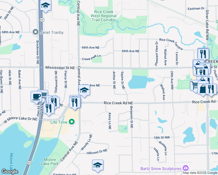 map of restaurants, bars, coffee shops, grocery stores, and more near 1450 64th Avenue Northeast in Fridley