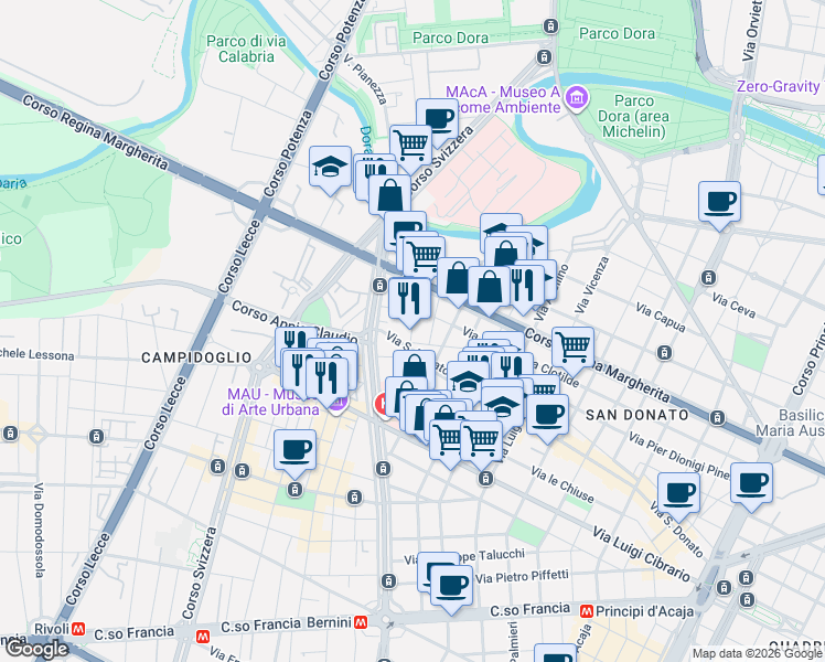 map of restaurants, bars, coffee shops, grocery stores, and more near 4/I Via Martinetto in Torino