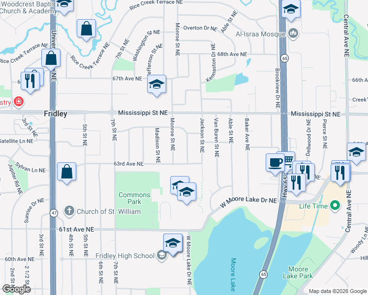 map of restaurants, bars, coffee shops, grocery stores, and more near 6340 Quincy Street Northeast in Fridley