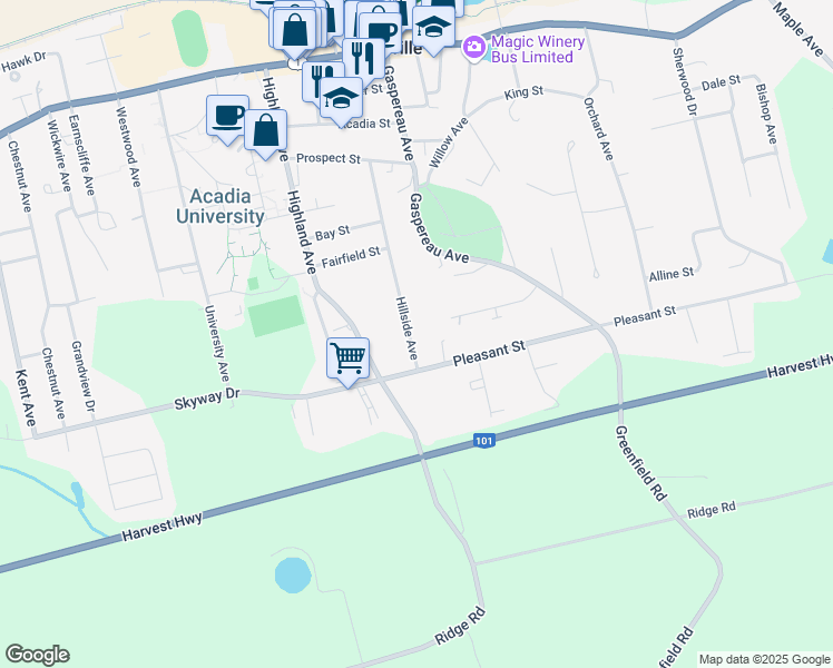 map of restaurants, bars, coffee shops, grocery stores, and more near 59 Hillside Avenue in Wolfville