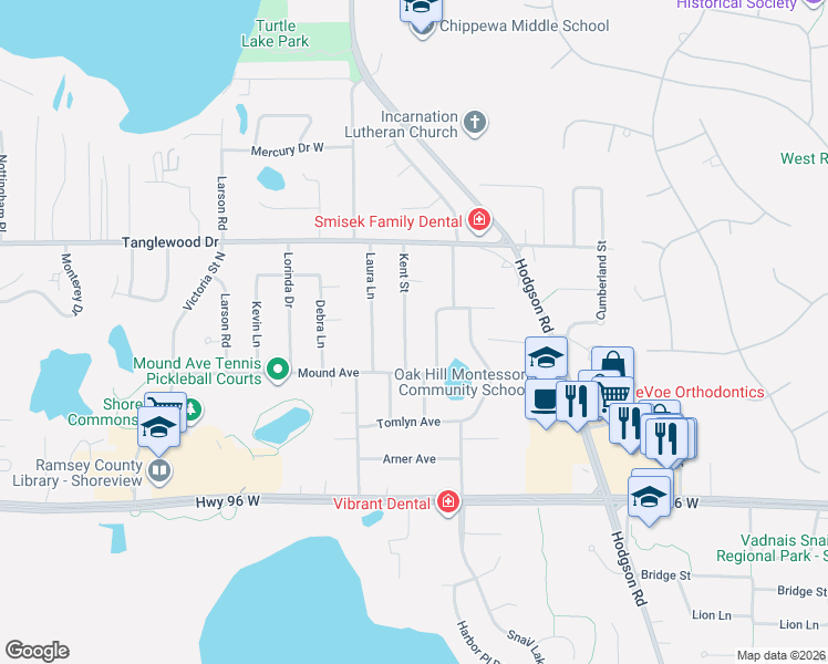 map of restaurants, bars, coffee shops, grocery stores, and more near 4712 Kent Street in Shoreview