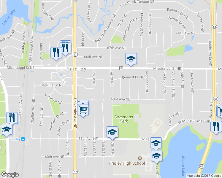 map of restaurants, bars, coffee shops, grocery stores, and more near 6380 7th Street Northeast in Minneapolis