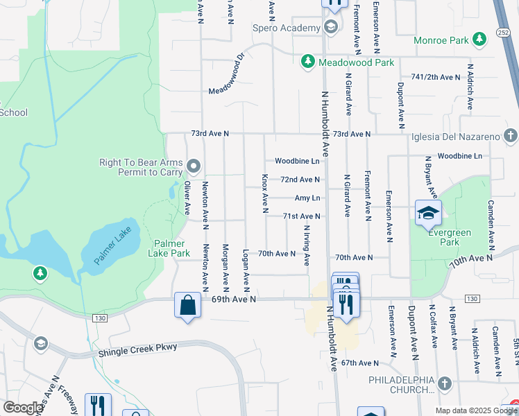 map of restaurants, bars, coffee shops, grocery stores, and more near 7107 Knox Avenue North in Minneapolis