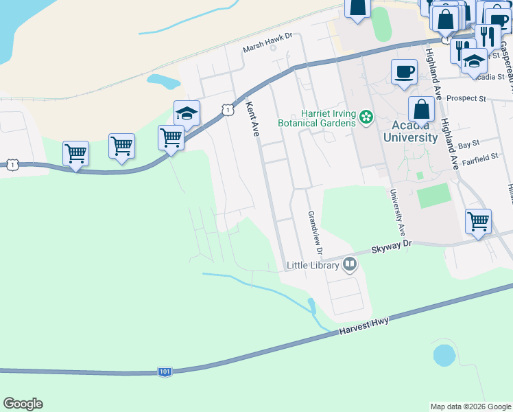 map of restaurants, bars, coffee shops, grocery stores, and more near 62 Hillcrest Avenue in Wolfville