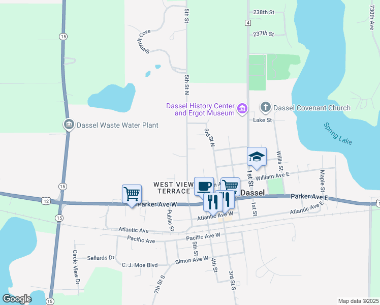 map of restaurants, bars, coffee shops, grocery stores, and more near 810 5th Street North in Dassel