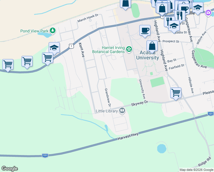 map of restaurants, bars, coffee shops, grocery stores, and more near 5 Grandview Drive in Wolfville