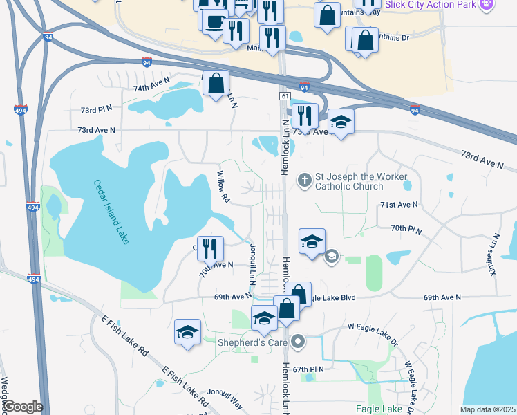 map of restaurants, bars, coffee shops, grocery stores, and more near 7102 Willow Road in Maple Grove