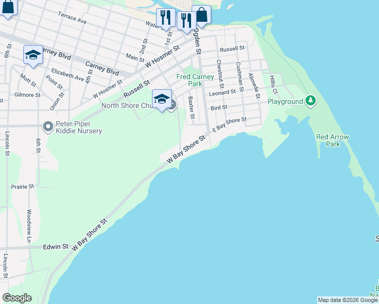map of restaurants, bars, coffee shops, grocery stores, and more near 99 West Bay Shore Street in Marinette