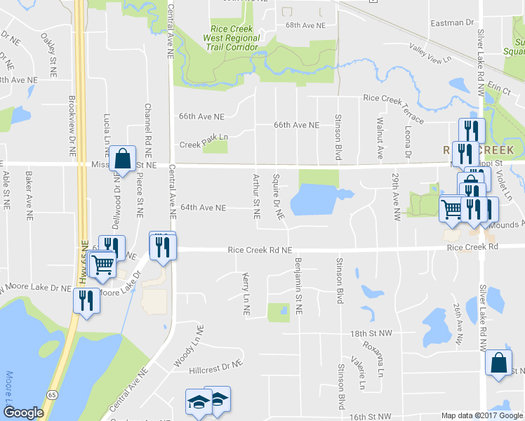 map of restaurants, bars, coffee shops, grocery stores, and more near 6381 Arthur Street Northeast in Fridley