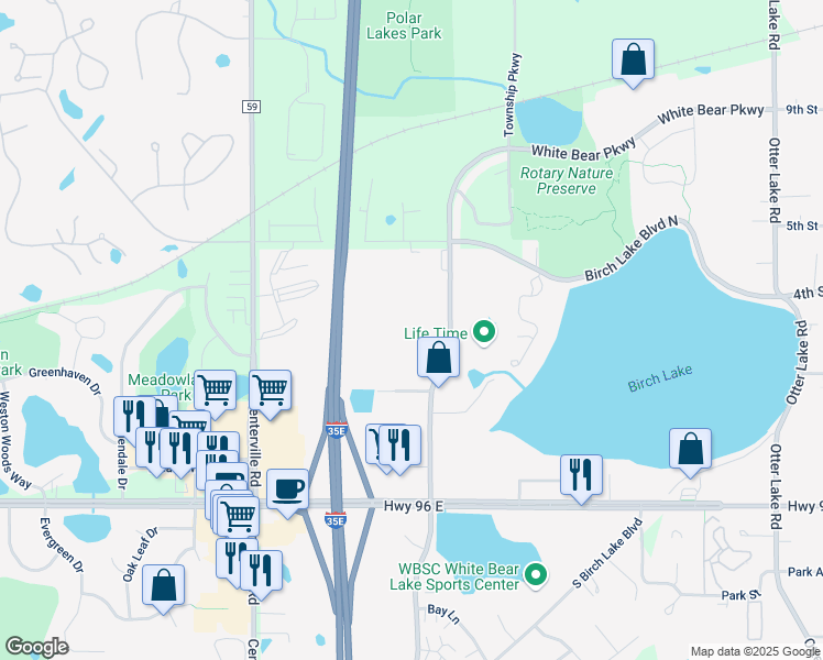 map of restaurants, bars, coffee shops, grocery stores, and more near 4831 White Bear Parkway in White Bear Lake