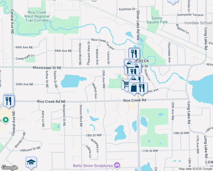 map of restaurants, bars, coffee shops, grocery stores, and more near 2087 29th Avenue Northwest in New Brighton