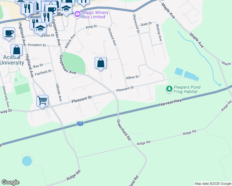 map of restaurants, bars, coffee shops, grocery stores, and more near 113 Pleasant Street in Wolfville