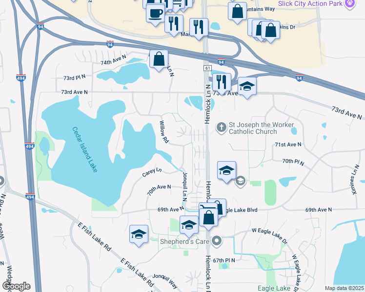 map of restaurants, bars, coffee shops, grocery stores, and more near 7102 Willow Road in Maple Grove