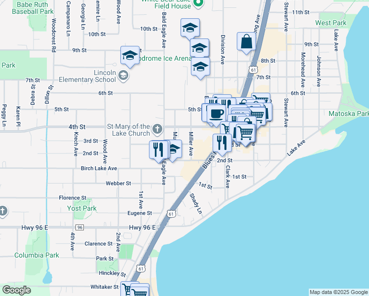 map of restaurants, bars, coffee shops, grocery stores, and more near 2068 3rd Street in White Bear Lake