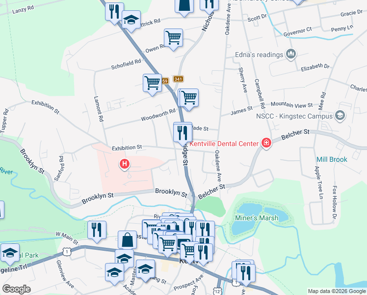 map of restaurants, bars, coffee shops, grocery stores, and more near 264 Cornwallis Street in Kentville