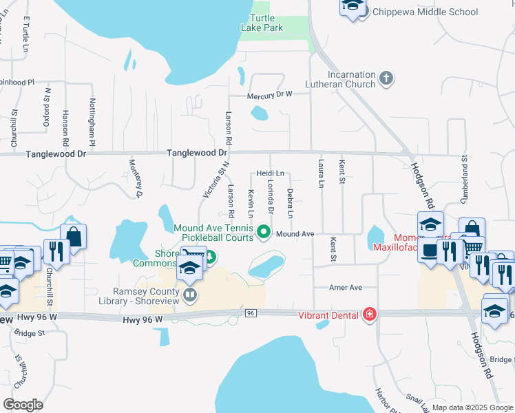 map of restaurants, bars, coffee shops, grocery stores, and more near 4720 Kevin Lane in Shoreview
