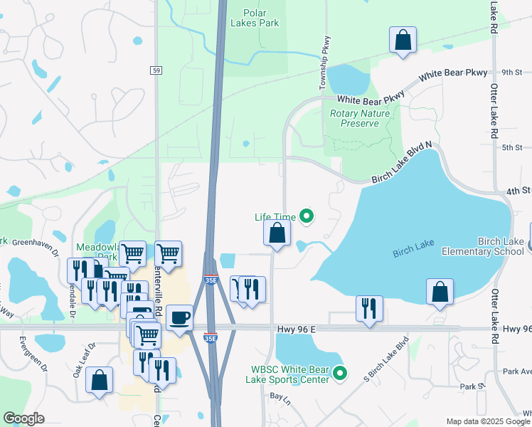map of restaurants, bars, coffee shops, grocery stores, and more near 4831 White Bear Parkway in White Bear Lake