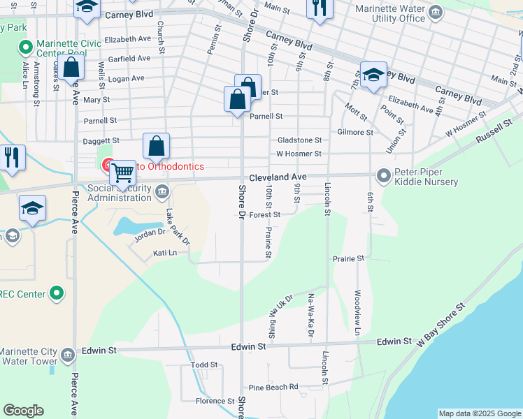 map of restaurants, bars, coffee shops, grocery stores, and more near 2053 10th Street in Marinette
