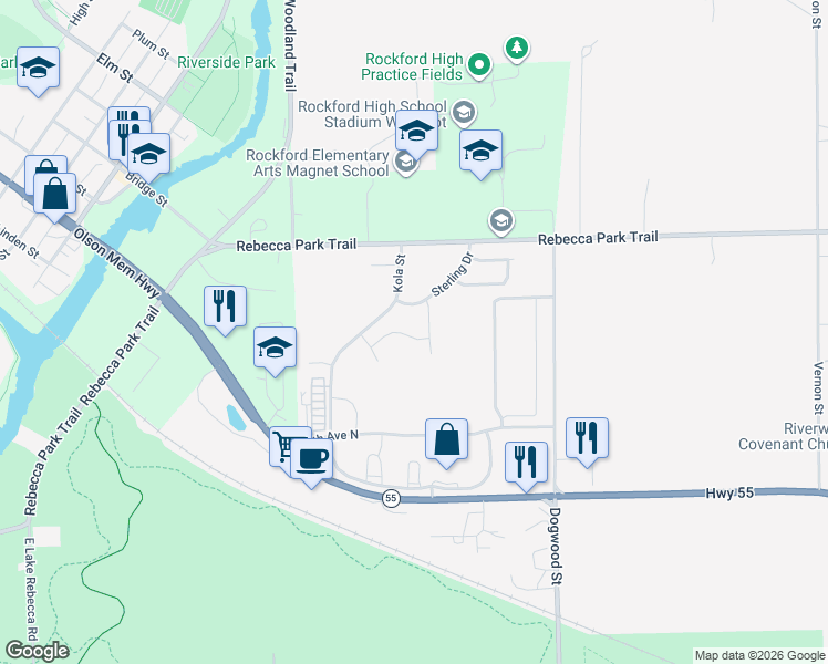 map of restaurants, bars, coffee shops, grocery stores, and more near 7145 Kilkenny Way in Rockford