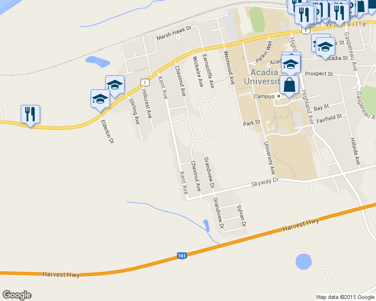 map of restaurants, bars, coffee shops, grocery stores, and more near 66 Chestnut Avenue in Wolfville