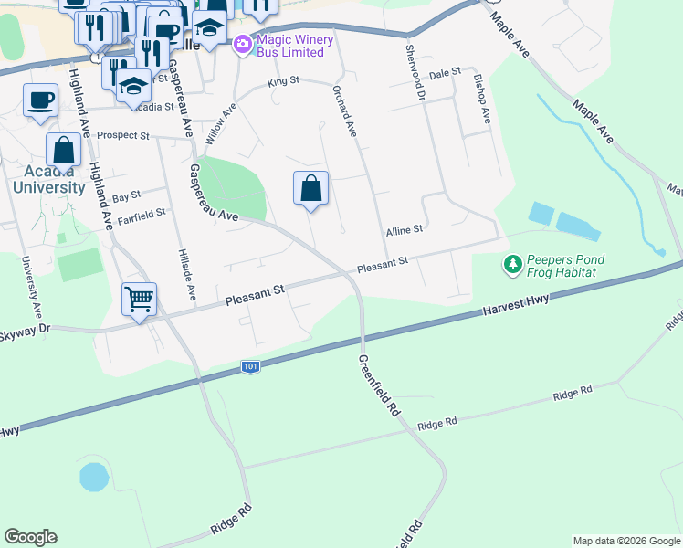 map of restaurants, bars, coffee shops, grocery stores, and more near 113 Pleasant Street in Wolfville