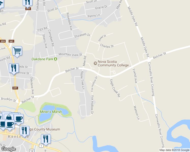 map of restaurants, bars, coffee shops, grocery stores, and more near 245 Belcher Street in Kentville