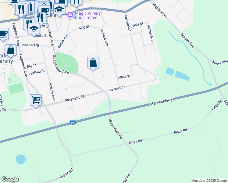 map of restaurants, bars, coffee shops, grocery stores, and more near 91 Pleasant Street in Wolfville