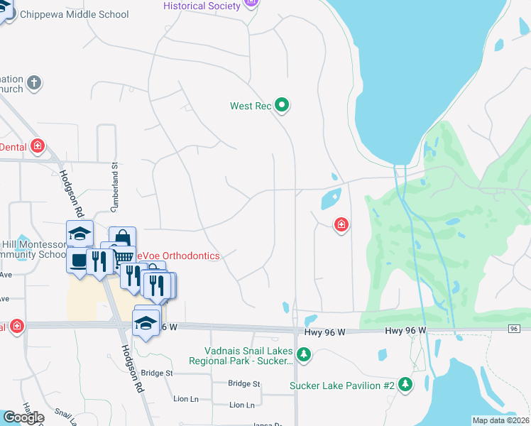 map of restaurants, bars, coffee shops, grocery stores, and more near 11 Meadowlark Lane in North Oaks