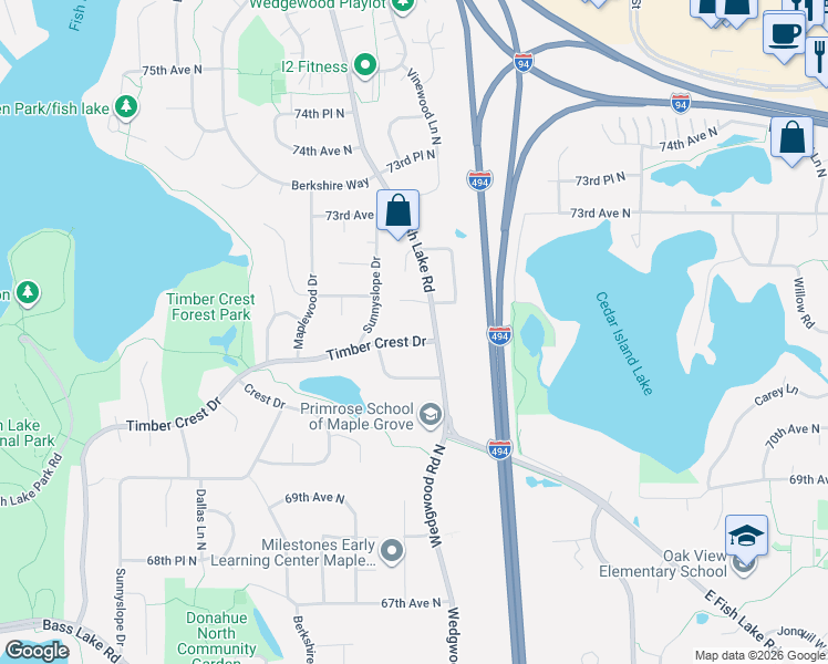 map of restaurants, bars, coffee shops, grocery stores, and more near 13350 Timber Crest Drive in Osseo