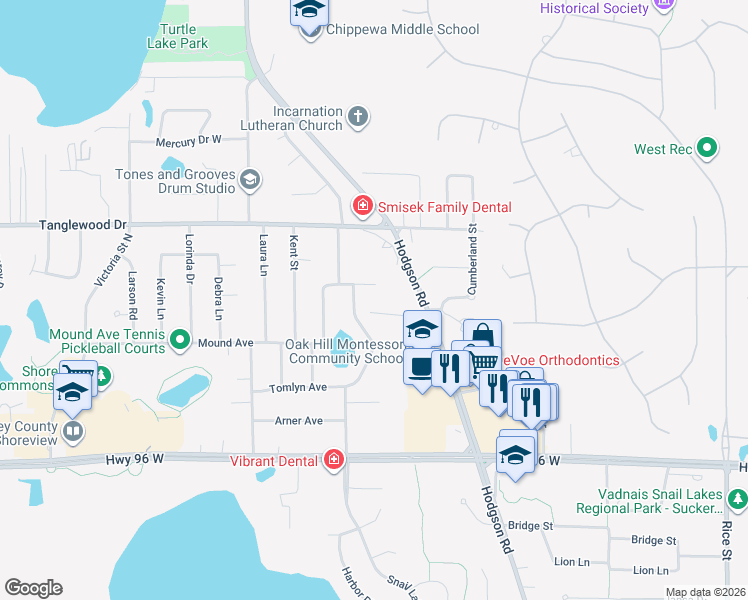 map of restaurants, bars, coffee shops, grocery stores, and more near 490 Chandler Court in Shoreview