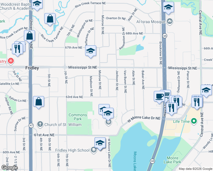 map of restaurants, bars, coffee shops, grocery stores, and more near 6340 Quincy Street Northeast in Fridley