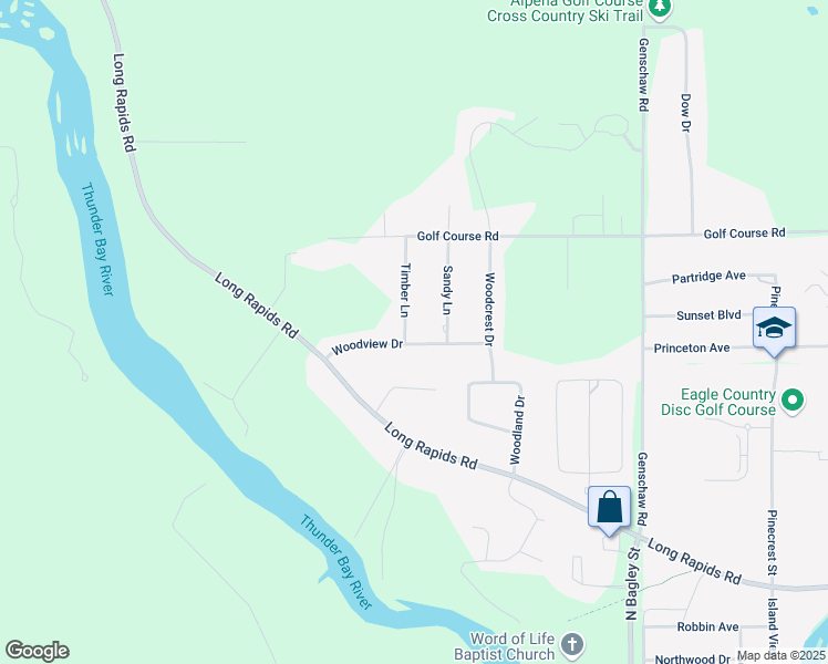map of restaurants, bars, coffee shops, grocery stores, and more near 2263 Woodview Drive in Alpena