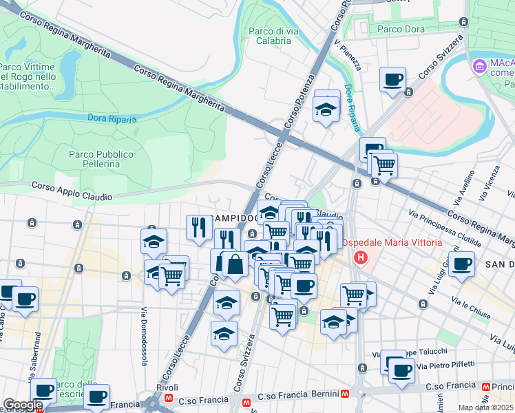 map of restaurants, bars, coffee shops, grocery stores, and more near 110 Corso Lecce in Turin
