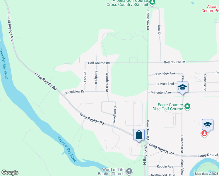 map of restaurants, bars, coffee shops, grocery stores, and more near 2328 Woodcrest Drive in Alpena