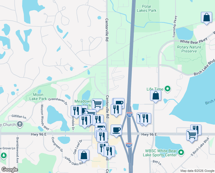 map of restaurants, bars, coffee shops, grocery stores, and more near County Highway 59 in Ramsey County