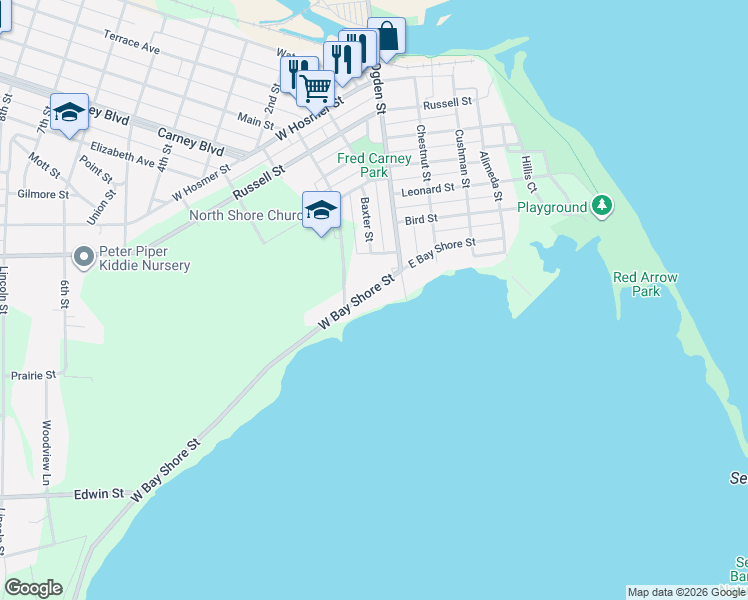 map of restaurants, bars, coffee shops, grocery stores, and more near 99 West Bay Shore Street in Marinette