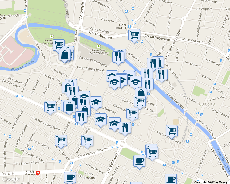 map of restaurants, bars, coffee shops, grocery stores, and more near 7 Corso Ciriè in Turin