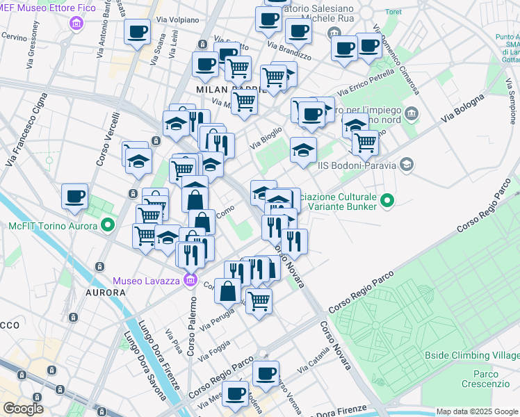 map of restaurants, bars, coffee shops, grocery stores, and more near 59 Corso Novara in Torino