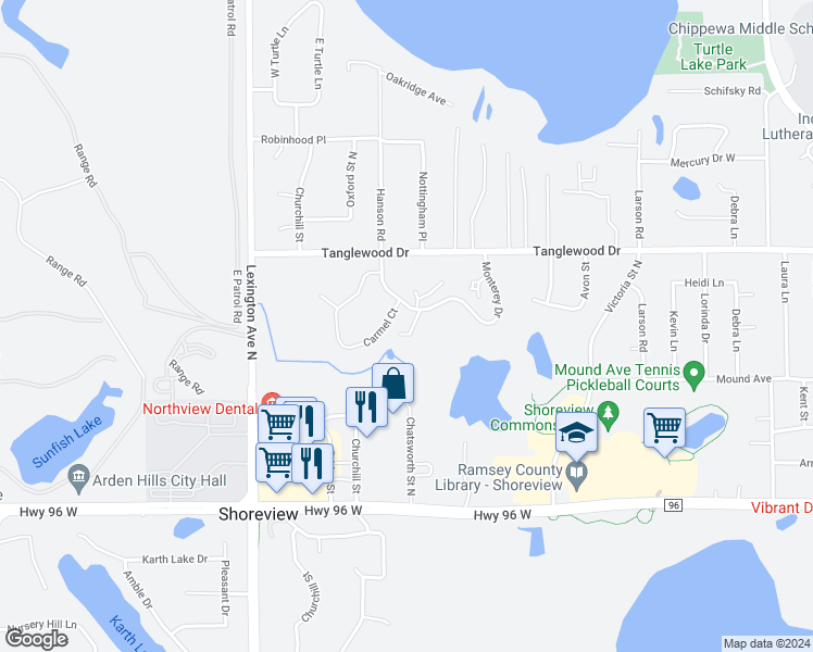 map of restaurants, bars, coffee shops, grocery stores, and more near 962 Monterey Court South in Shoreview