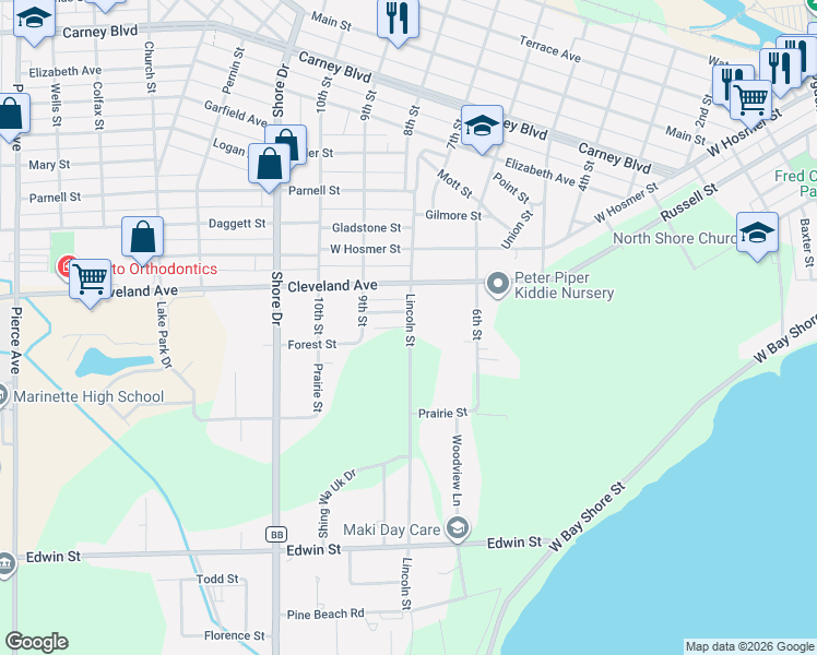 map of restaurants, bars, coffee shops, grocery stores, and more near 641 Cleveland Avenue in Marinette
