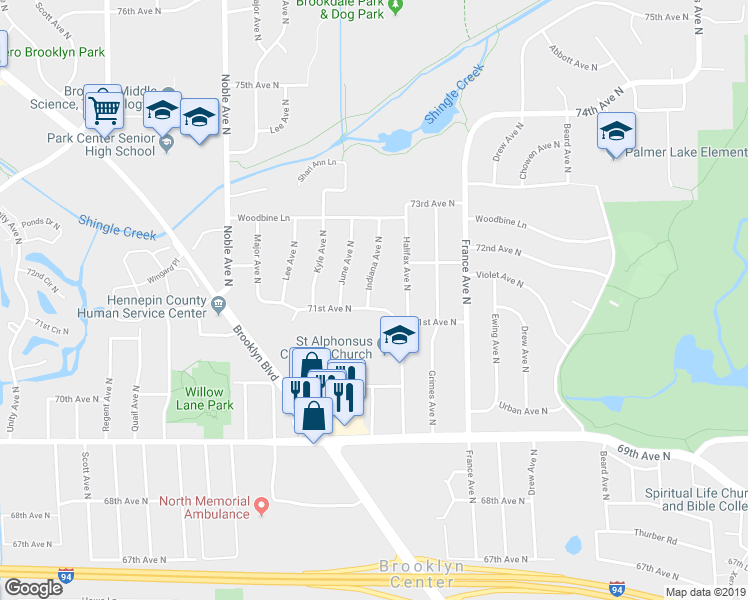 map of restaurants, bars, coffee shops, grocery stores, and more near 4111 71st Avenue North in Minneapolis