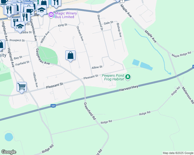 map of restaurants, bars, coffee shops, grocery stores, and more near 69 Pleasant Street in Wolfville